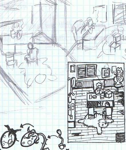Black and white concept art showing different variations of an office room with two characters facing each other.