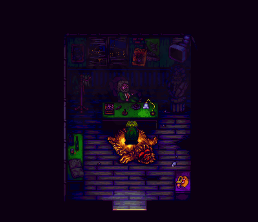 A screenshot from Octopus City Blues. The main character is seated in an office room, across the desk sits a bearded man wearing a green suit.