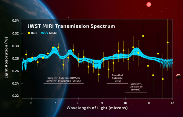 Das Transmissions-Spektrum im mittleren Infrarot zeigt die Signatur von Dimethylsulfid – einem Gas, das als Biosignatur gilt. © A. Smith, N. Madhusudhan/ University of Cambridge

Die neuen Spektraldaten zeigen deutliche Peaks im Bereich zwischen 6,8 und 8 Mikrometern und zwischen neun und elf Mikrometern, wie die Astronomen berichten. Der Abgleich mit den erwarteten Spektralsignaturen für 20 verschiedene Moleküle ergab, dass diese Signaturen von Dimethylsulfid und/oder Dimethyldisulfid stammen müssen. „Unsere Daten belegen die eindeutige Präsenz für nur zwei Moleküle: DMS und DMDS“.