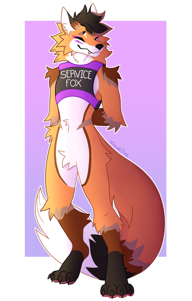 An anthro fox with his arms behind his back, wearing a vest with "Service Fox" written on it.