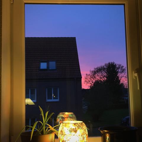 Vor dem Fenster in einer Häuserlücke ist rosarot am Horizont und mattes blau oben. Bäume als dunkle Umrisse davor. Im Vordergrund Fensterrahmen mit leuchtender Mosaiklampe.