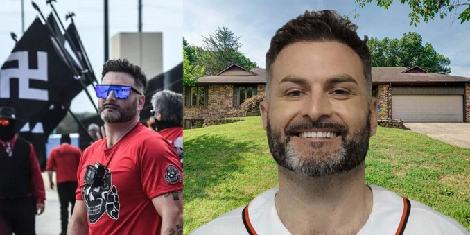 Two photos of neo-Nazi Jon Minadeo. One is a mugshot photoshopped in front of his home in Springfield, Missouri