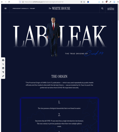 Screenshot of the US white house web site, with US president Trump walking between "Lab Leak" written in huge letters