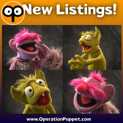 Four images of two puppets, a pink live hands ogre and a green goblin hand and rod puppet