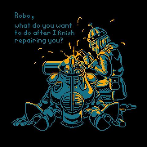 A pixel art recreation of the scene from Chrono Trigger where Lucca is repairing Robo after a showdown with his robot family that rejected him. Sparks fly as she welds the circuitry in his head. Her dialogue says, "Robo, what do you want to do after I finish repairing you?"