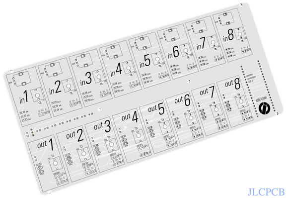 The front panel of an Oblique Palette printed circuit board. LEDs, potentiometers/knobs, and pin headers are not yet in place.

It is white with big, black labels and outlines for each input and output channel. They are in Univers Light Condensed Oblique, the font introduced to Apple by their star designer Hartmut Esslinger.

The Oblique Industries logo is in the bottom right. It’s an O with an i crossing it diagonally, looking a bit like the head of a screw or a 🚫.