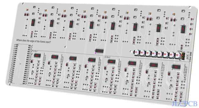 The back of the Oblique Palette circuit board, covered in a little city of resistors, capacitors, diodes, and several integrated circuits.

On the left, behind where the logo is on the front, is a spot to install a Raspberry Pi Pico 2350, which does the processing of analog signals to send to the computer running the patch via USB.