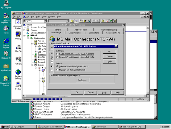 Screenshot of Exchange 5.5 configuration and enabling the MS Mail Connector with AppleTalk.