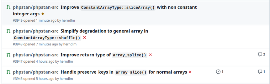 GitHub showing 4 open PRs improving types around `array_slice`, `shuffle`, `array_slice` and `array_splice`.
