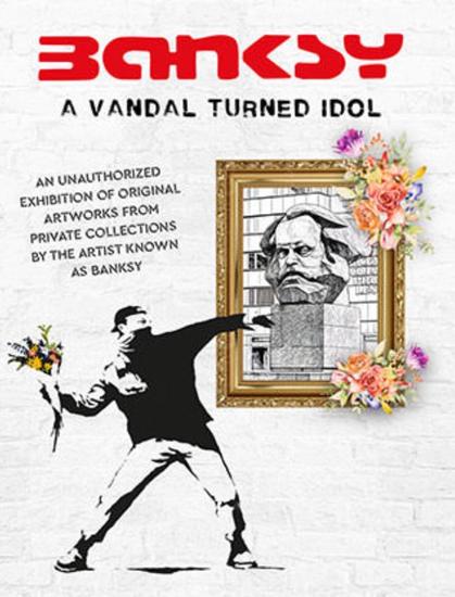Berühmtes Bild des Künstlers Bansky (wirft Blumenstrauß) und Karl-Marx-Kopf in einem Rahmen.