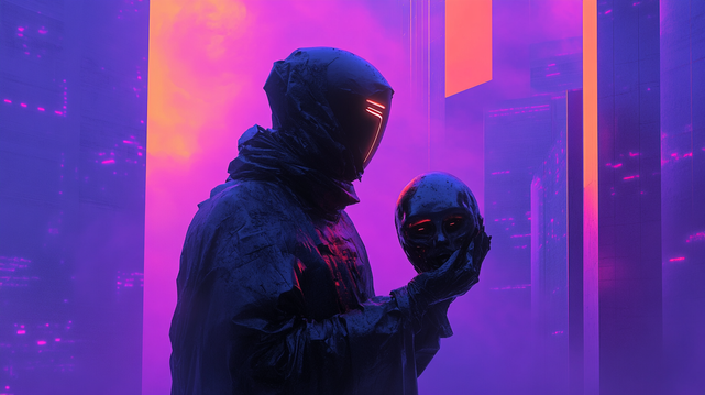 Le Masque Révélateur.
Figure masquée dans une cité futuriste, tenant un visage lisse et sombre dans une ambiance saturée de lumière synthétique et de brume.
Masked figure in a futuristic city, holding a dark, smooth face in a haze of synthetic light and mist.