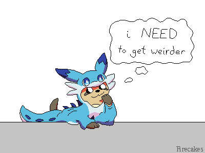 Digital art of a ferret wearing a Chillet onesie, looking up to the right thoughtfully thinking "i NEED to get weirder". The onesie is very loose.
