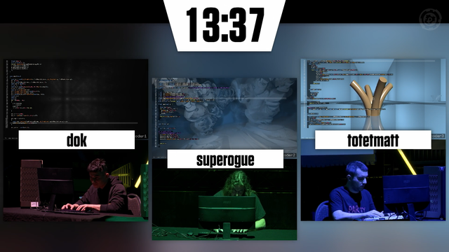 one session from shader showdown qualifications can be seen, where each of 3 attendees is live coding their own and very different effects reacting to the same music @ the revision demo party 2025