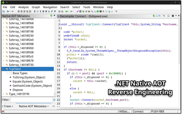 Ghidra with a Native AOT Analyzer active, displaying all type definitions and virtual methods defined in a binary.