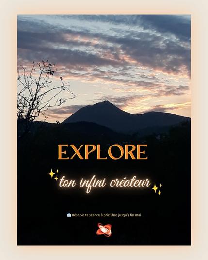 Photo au coucher de soleil du Puy de Dôme qui se découpe en ombre chinoise sur l'horizon, accompagnée du texte "Explore ton infini créateur"