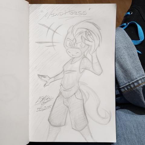 Photo of my sketchbook. On the page is an anthro Horse Girl sporting shorts and a sleeveless top. She is posed in a generic comic book "Psychic using Powers" hand by her forehead with her stance wide and her other arm stretched behind her. Text above her reads "Mind Horse".