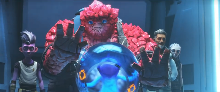 A shot of an excited Rok holding Murf (who is in a transparent sphere) while riding the space elevator on Noble Isle.  Dal, Okona and Gwyn are with her.  From E115