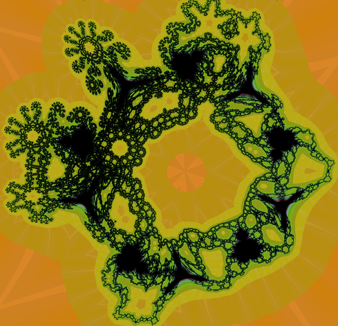 Black fractal structures on a mostly green background, rendered using distance estimation.