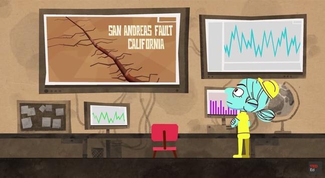 A cartoon scientist in a yellow outfit and hard hat studies seismic data on screens, including a large image of the San Andreas Fault in California.