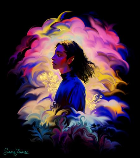 A colorful portrait of an androgynous man with colorful abstract clouds in the background