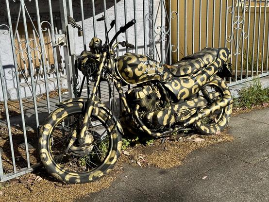 A motorcycle parked on the sidewalk and leaned up against a fence. The motorcycle is painted black with golden spots on it, like a leopard. Handwritten text on the side of the motorcycle says "The Bartlett Leopard".