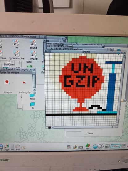 RISC OS desktop showing several windows. One has the regular size icon, another has a zoomed version. The icon shows a big red balloon being pumped up with a blue tire pump. The balloon has UN GZIP written on it