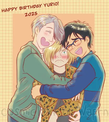 Digital flat color illustration of Viktor Nikiforov, Yuri Plisetsky (aka Yurio) and Yuuri Katsuki from Yuri!!! On Ice, drawn from the hips up. Viktor is wearing a greyish green hoodie over a white t-shirt. Yurio is wearing a leopard print hoodie over a grey t-shirt. Yuuri is wearing a blue sweater with a band in the middle and the sleeves in a darker tone. Yurio is being squished in a tight hug between the other two, looking at the viewer with a mix of embarrassment and indignation and blushing deeply. Viktor and Yuuri are smiling with happiness and affection. There is some text on the top left corner that says "Happy birthday Yurio! 2025". The background is pastel yellow with a grid pattern in red and a pastel orange rectangle in the middle.