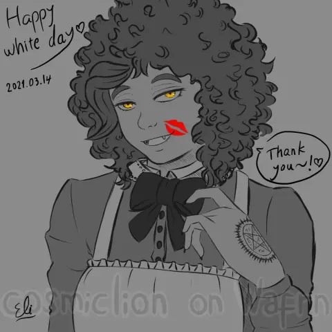 Digital greyscale illustration of Belmon, a demon passing as a human, drawn from the chest up. They are Black and have short dark hair, yellow eyes and black nails. The are wearing an apron over a long sleeved greyish dress with a bowtie on the neck. They have a lipstick mark on their cheek, just above their mouth. They are raising their left hand, which has a demonic contract symbol on it. There is some text on the upper left corner that says "Happy white day 2021.03.14". Belmon is saying "Thank you!" with a relaxed smile. The lipstick mark and the eyes are the only things with color in the picture. The background is grey.