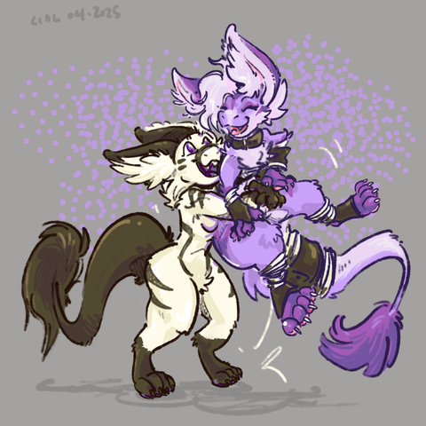 digital art by me. two ferrins (an open species sort of like fuzzy anthro raptors with nice big ears and cute snouts) are playing. one with more natural colored fur is lifting the other, who is purple and wearing some wraps on their paws, up off the ground. they're smiling and having fun.