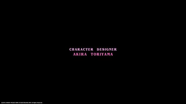スクリーンショット：黒字にピンク系の字幕　CHARACTER DESIGN AKIRA TORIYAMA