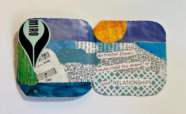 A horizontal collage of sheet music, security envelopes, magazine, dictionary, and other scraps. A haiku made of text cut from junk mail is on the right side. Haiku text in toot.