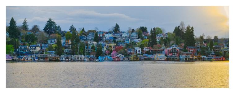 Wide photo of houses overlooking Portage Bay.