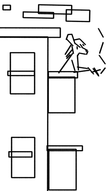 Very spare, geometric line drawing of a deer on a balcony smoking a cigarette