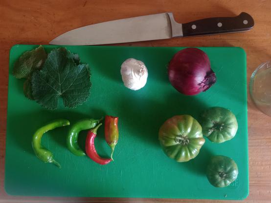 On a chopping board are three green tomatoes, three and a half chillies, two vine leaves, a garlic bulb and a purple onion