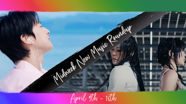 A split screen in a slightly grunge/distressed frame (top and bottom bars only) in the hues of a diagonal (upper left to lower right tilt) rainbow gradient with a black slash diagonally (bottom left to upper right tilt) across the middle with the text of Midweek New Music Roundup running up the divider. To the left, a young Korean man (ACE of VAV) with short black hair and off-white shirt, with white corded earbuds, standing in profile and facing an indistinct body of water. To the right/below the slash, two young women (Kik5o (left) and AleXa (right)) in long dark hair done in multiple braids, standing back to back in an industrial space, the camera tilted up to show the exposed conduits of the ceiling. Bottom text reads April 9th - 16th.