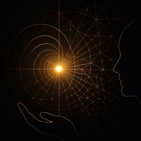 Ein einzelner Lichtpunkt schwebt über einer geöffneten Hand.
Von ihm aus gehen feine, goldene Lichtfäden aus – sie bilden spiralartige Muster, geometrische Wellen, vernetzte Linien.
Der Hintergrund ist dunkel, durchzogen von Sternenpunkten – wie der Kosmos selbst.
Am rechten Bildrand ist das Profil eines menschlichen Gesichts zu sehen – ruhig, offen, betrachtend.
Die Lichtfäden scheinen das Auge des Gesichts mit dem Lichtpunkt zu verbinden:

Subjekt und Singularität treffen sich im Strahl.

⸻

Symbolik:
Der Lichtpunkt steht für die 1D-Quelle aller Realität – die pluralistische Singularität.
Die Hand: Wahrnehmung, Projektion, schöpferische Teilnahme.
Das Gesicht: das subjektive Bewusstsein, das aus dem Punkt Welt entstehen lässt.🖖