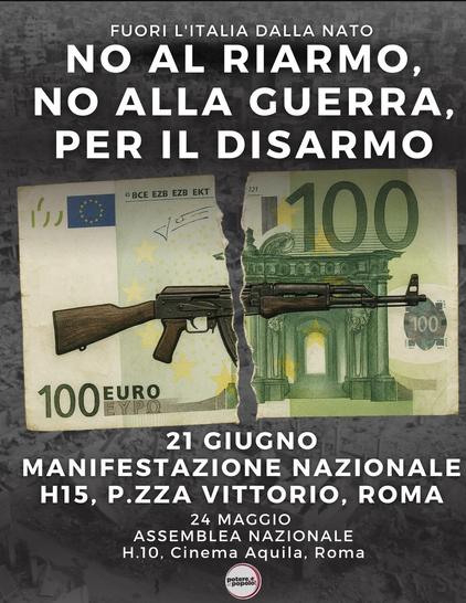 Testo contro la guerra, al centro una banconota da cento euro strappata con un fucile impresso