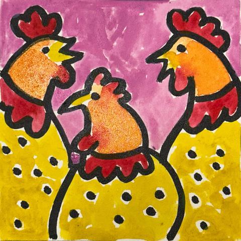 Three yellow and orange chickens with black polka dots standing against a pink background.