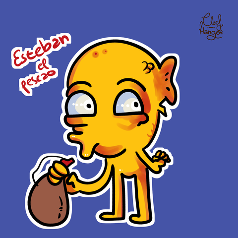 Yellow and red fish with a bota de vino resembling steve le poisson but in spanish.