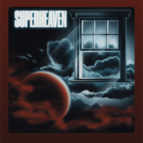 The album cover for Superheaven by Superheaven features a surreal, dreamlike scene set in a cosmic sky. Dominating the upper left corner is the band name and Album title "SUPERHEAVEN" in bold, glowing white letters. To the right, a window frame floats in midair, casting a beam of light outward, as if illuminating the scene. Behind and around the window, dark, moody clouds drift through a night sky, blending with red and blue tones that create an eerie, atmospheric feel. A shadowed, reddish planet or moon emerges from the bottom left, partially obscured by crimson clouds. The overall aesthetic is mysterious and otherworldly, with a nostalgic, almost retro-futuristic design.