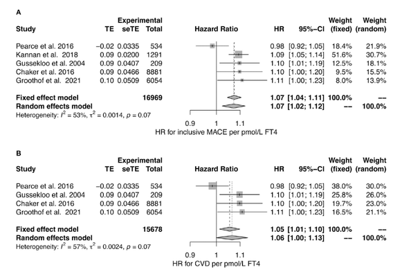 Forrest plots showing the hazard ratio for MACE (A) and CVD (B) in relation to FT4 concentration