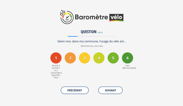 Interface du Baromètre vélo avec la question "Selon moi, dans ma commune, l’usage du vélo est..." et une échelle de 1 à 6, allant de "limité à certain·e·s (coursiers, sportifs, etc.)" à "très démocratisé". Boutons "Précédent" et "Suivant" en bas.