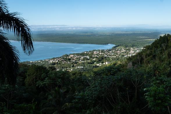 A scenic view overlooking a coastal area with a lush green landscape and a small town along the shore. Palm trees frame the foreground.