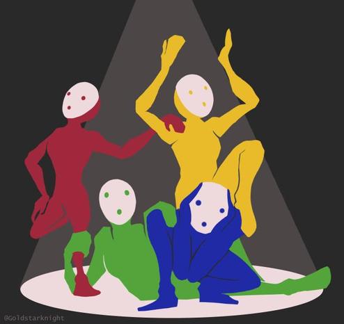 Four Tragedians from Pathologic 2, each in a flat colour (red, green, yellow, blue) posing dramatically in a spotlight.