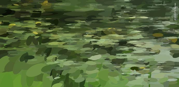 A pond covered by water-lily pads, digitally abstracted and rendered as more ellipsoid and less textured. A sea of different shades of green ellipses.