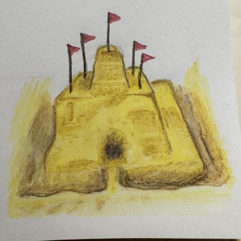 A sandcastle with several red flags on top is depicted in a drawing.