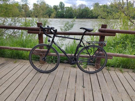 Una bicicleta negra sobre tablas de madera, apoyada en una barandilla de troncos de madera. Detrás se ve vegetación y el río Ebro. Al fondo hay más vegetación.