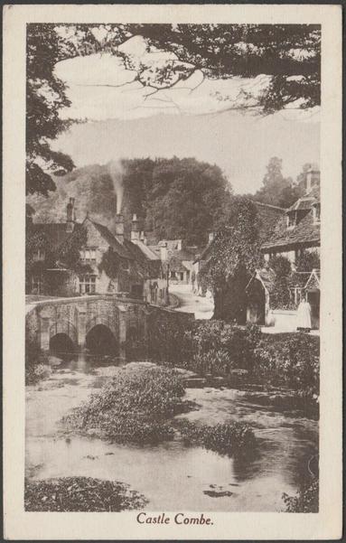 Printed sepia postcard showing a view of Castle Combe in Wiltshire.

Published by R. Wilkinson & Co, Trowbridge, not numbered, c.1920.

Postally unused.

Good condition, with very slight corner bumps, but small very light crease to bottom right corner.