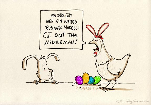 A cartoon features a rabbit looking surprised while a chicken, wearing rabbit ears, enthusiastically announces a new business model involving the phrase "cut out the middleman." Colorful Easter eggs are placed in front of the chicken.
