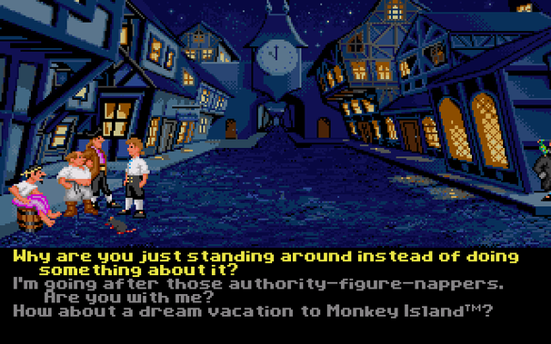 Talking to the Men of Low Moral Fiber in MI1, Sega CD version, telling them the governor has been kidnapped. There are three options, two of which used to be drawn off-screen.

* Why are you just standing around instead of doing something about it?
* I'm going after those authority-figure-nappers. Are you with me?
* How about a dream vacation to Monkey Island?